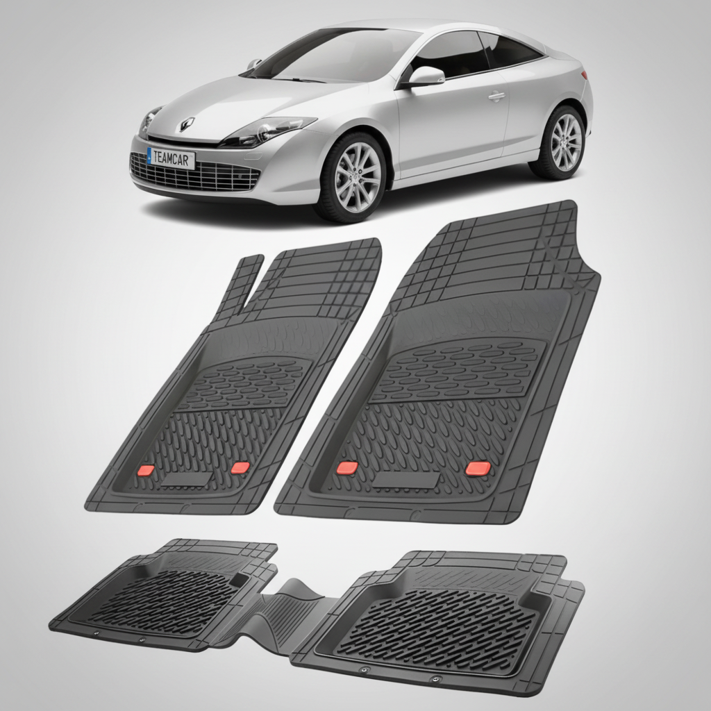 set de covorase din cauciuc negre cu un renault laguna iii coupe argintiu in fundal