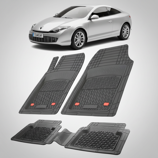 set de covorase din cauciuc negre cu un renault laguna iii coupe argintiu in fundal