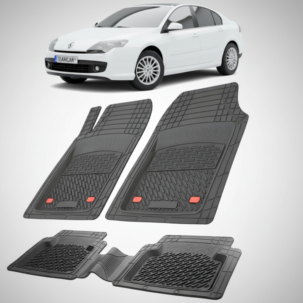 set de covorase din cauciuc negre cu un renault laguna iii hatchback alb in fundal