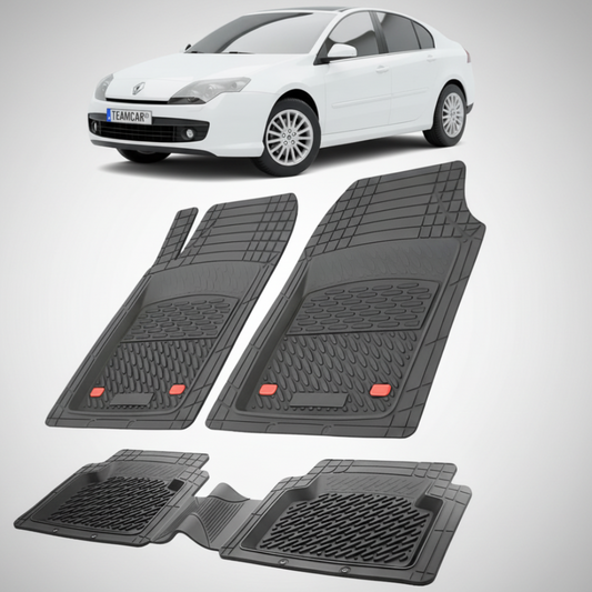set de covorase din cauciuc negre cu un renault laguna iii hatchback alb in fundal