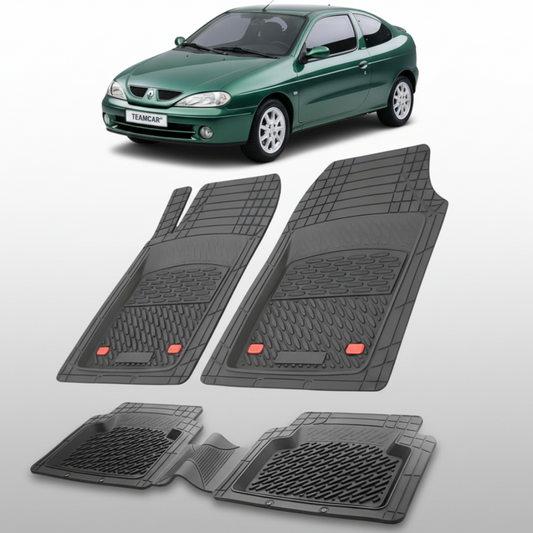 set de covorase din cauciuc negre cu o renault megane i coupe verde in fundal