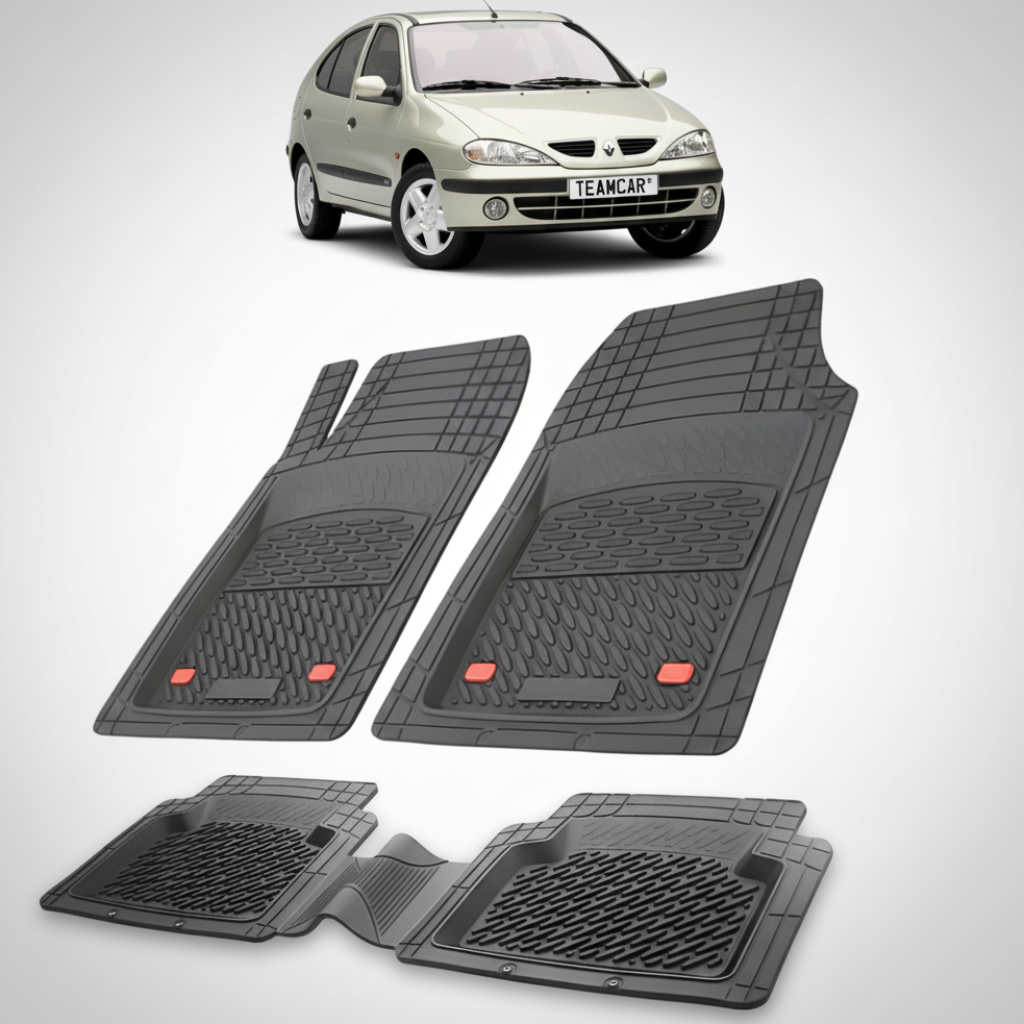 set de covorase din cauciuc negre cu o renault megane i hatchback bej in fundal