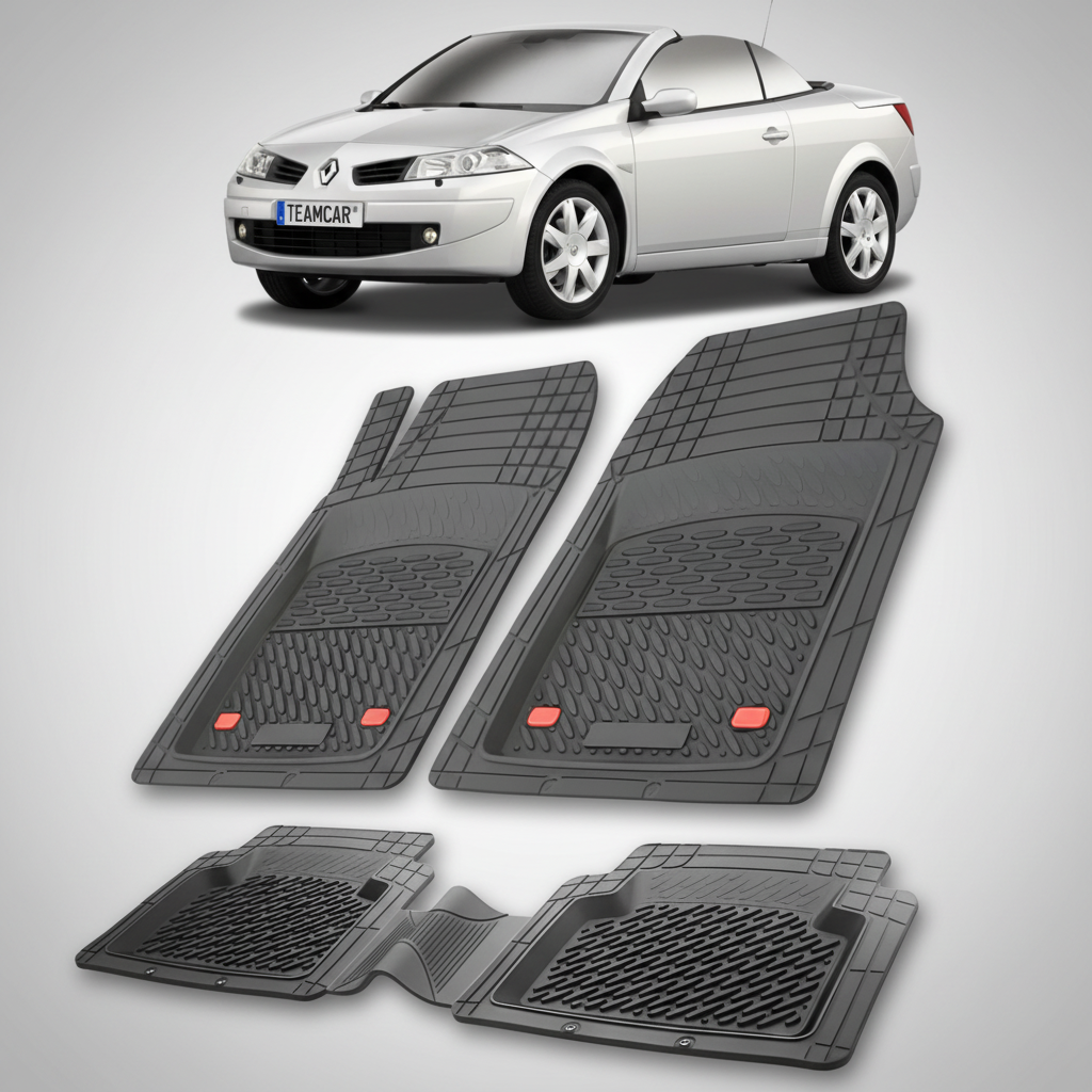 set de covorase din cauciuc negre cu o renault megane ii coupe-cabriolet gri in fundal
