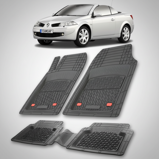 set de covorase din cauciuc negre cu o renault megane ii coupe-cabriolet gri in fundal