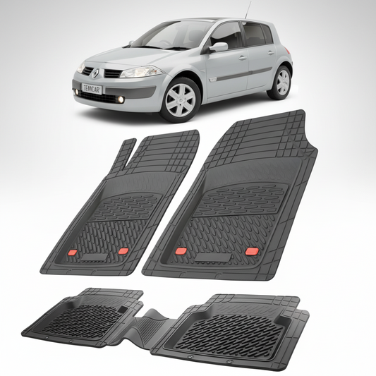 set de covorase din cauciuc negre cu o renault megane ii hatchback argintiu in fundal
