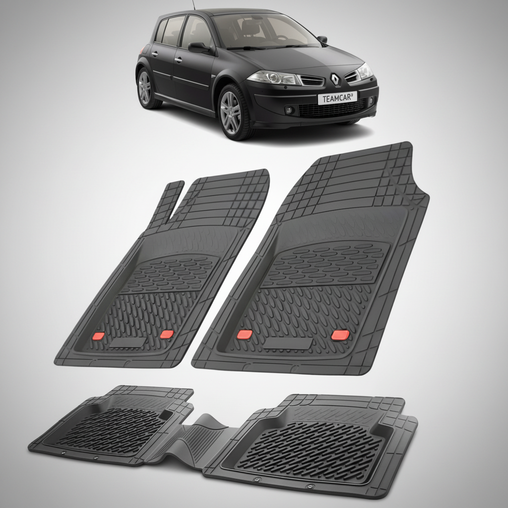 set de covorase din cauciuc negre cu un renault megane ii hatchback negru in fundal