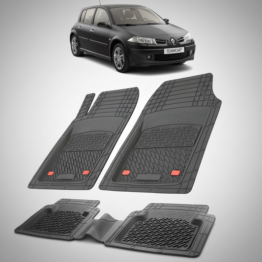 set de covorase din cauciuc negre cu un renault megane ii hatchback negru in fundal