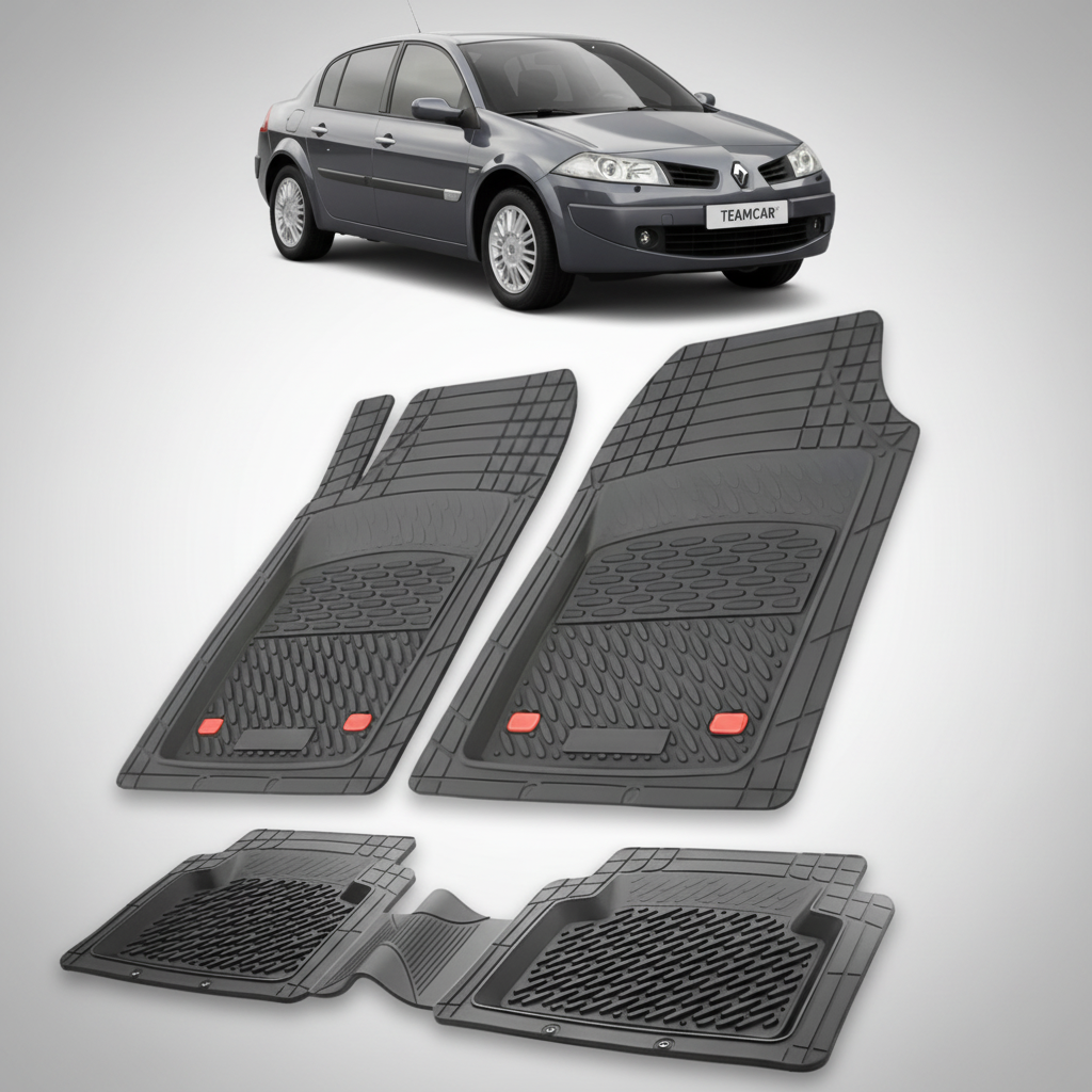 set de covorase din cauciuc negre cu o renault megane ii sedan negru in fundal
