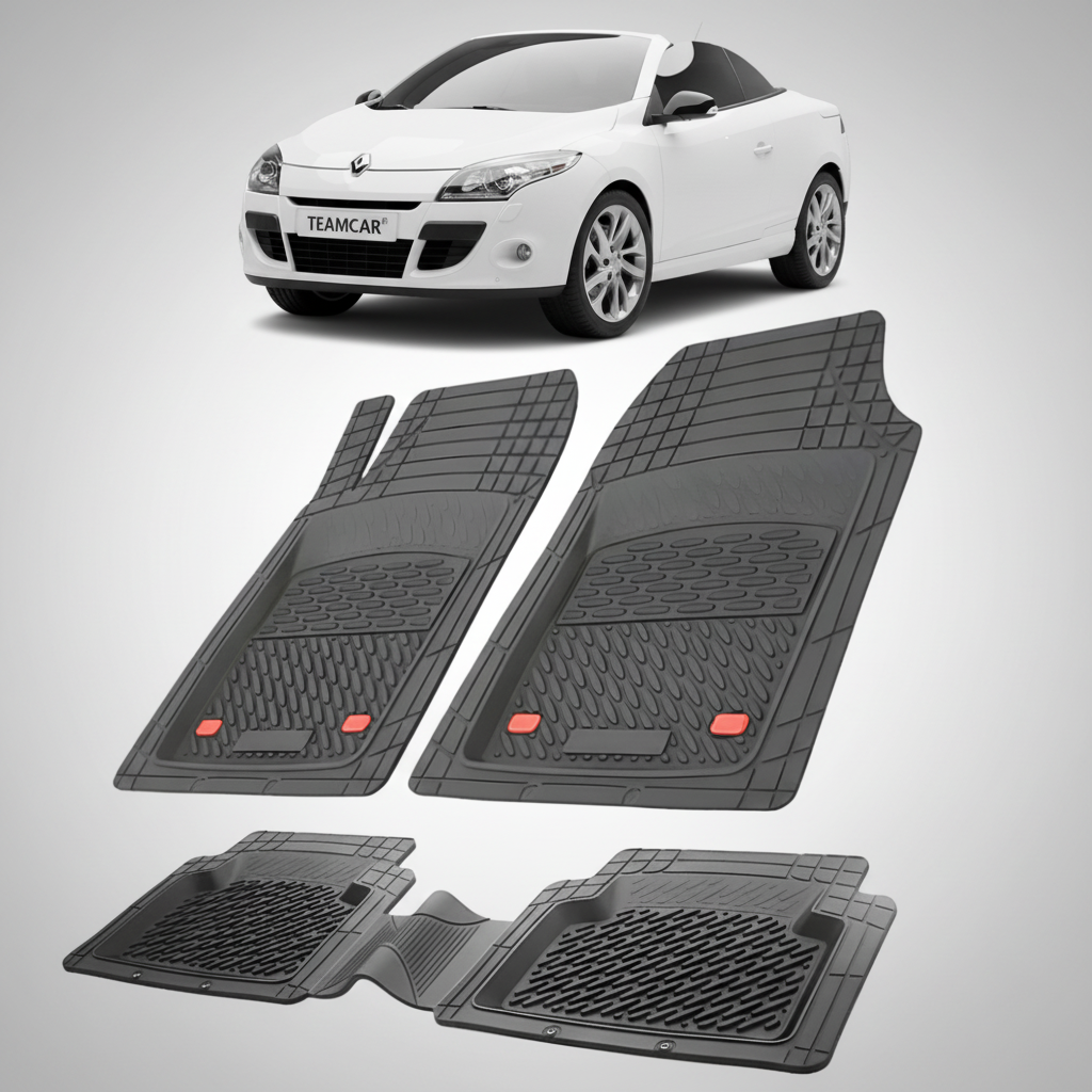 set de covorase din cauciuc negre cu o renault megane iii coupe-cabriolet alba in fundal