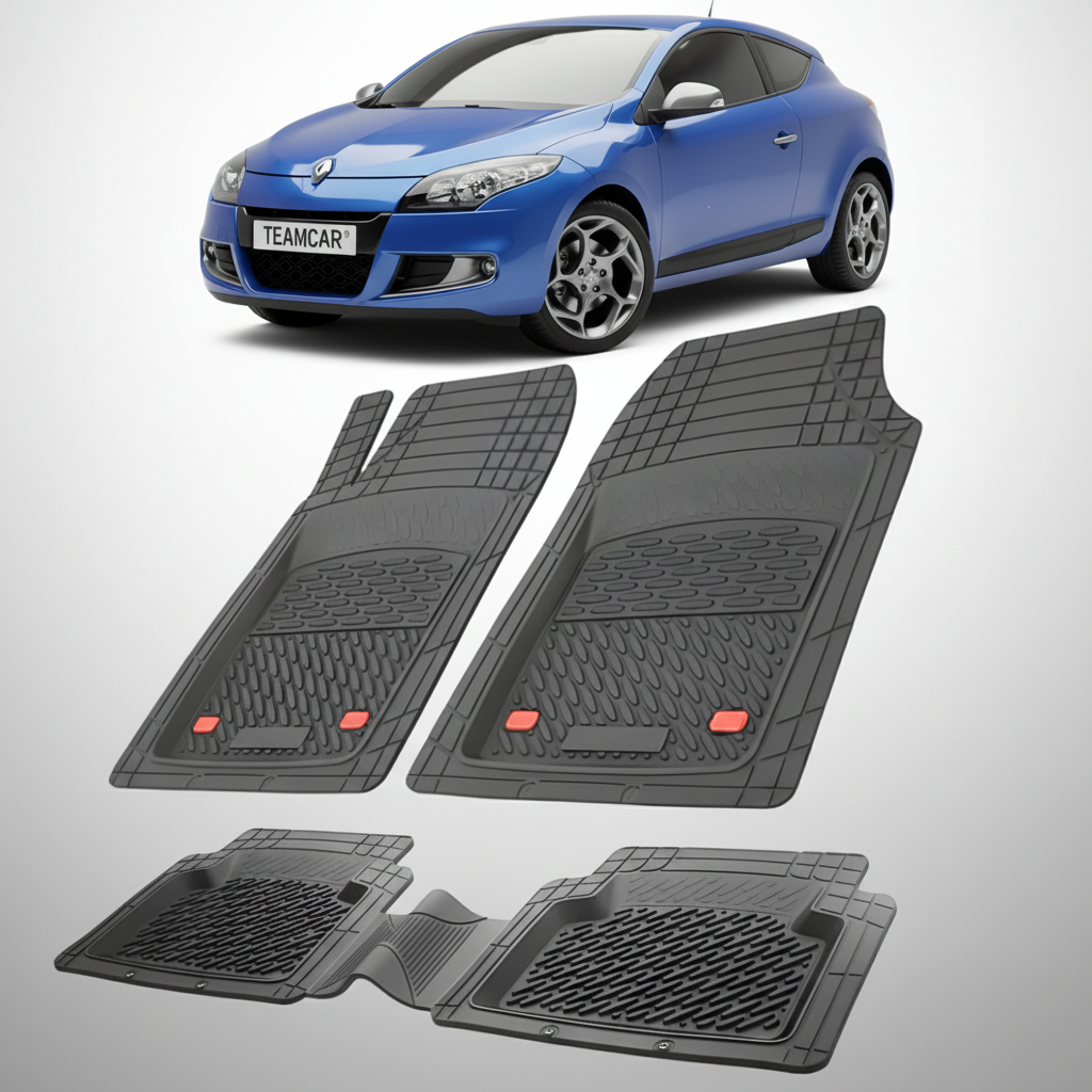 set de covorase din cauciuc negre cu o renault megane iii coupe albastru in fundal
