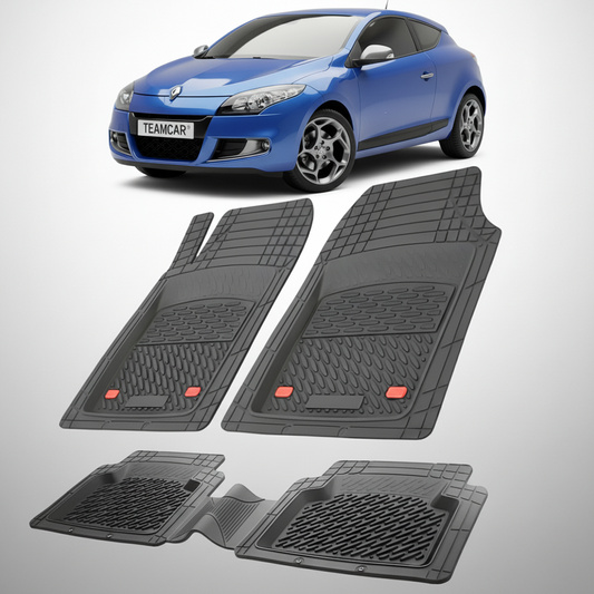 set de covorase din cauciuc negre cu o renault megane iii coupe albastru in fundal