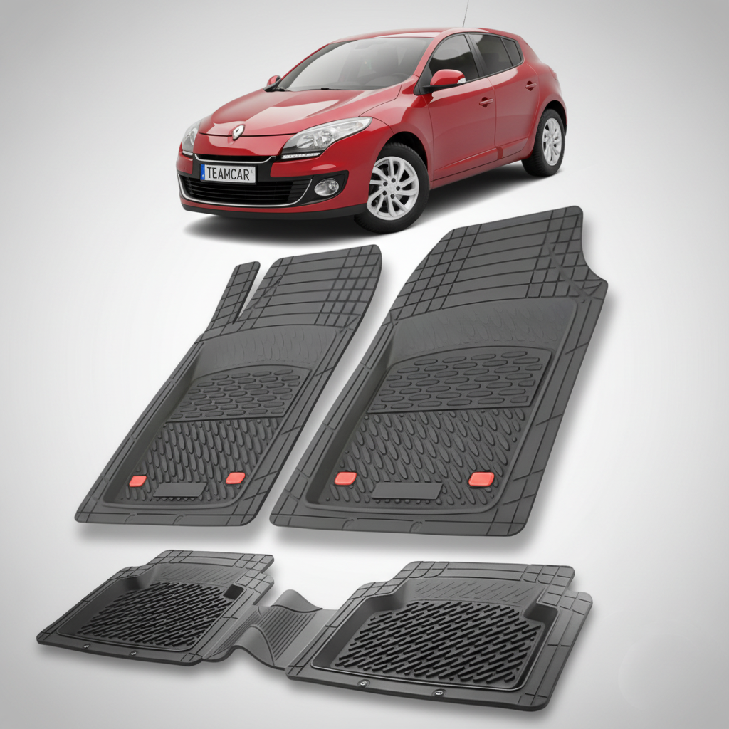 set de covorase din cauciuc negre cu o renault megane iii hatchback rosu in fundal