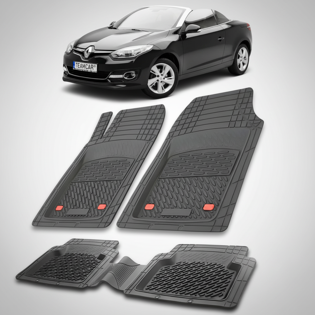 set de covorase din cauciuc negre cu o renault megane iii coupe-cabriolet neagra in fundal