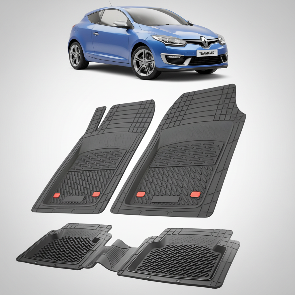 set de covorase din cauciuc negre cu o renault megane iii coupe albastra  in fundal