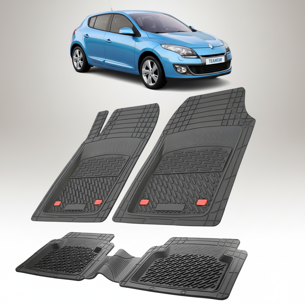 set de covorase din cauciuc negre cu o renault megane iii hatchback albastra  in fundal