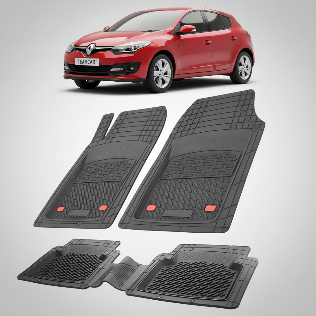 set de covorase din cauciuc negre cu o renault megane iii hatchback rosie in fundal