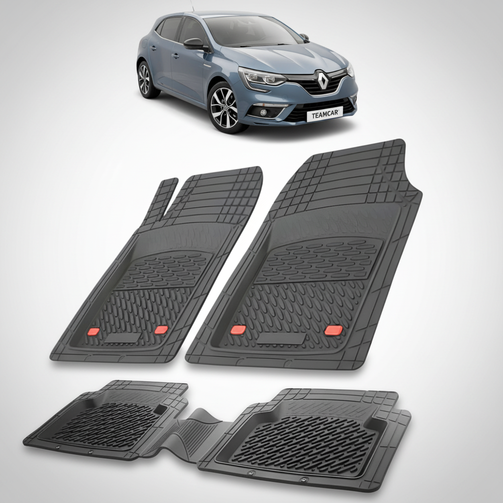 set de covorase din cauciuc negre cu un renault megane iv hatchback gri-albastrui in fundal
