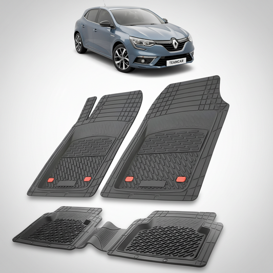 set de covorase din cauciuc negre cu un renault megane iv hatchback gri-albastrui in fundal