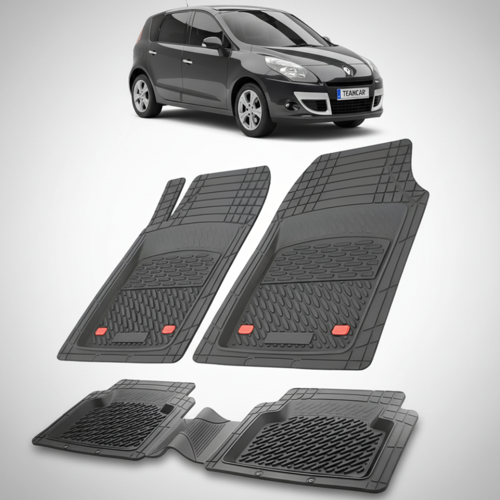 set de covorase din cauciuc negre cu un renault scenic iii mpv negru in fundal