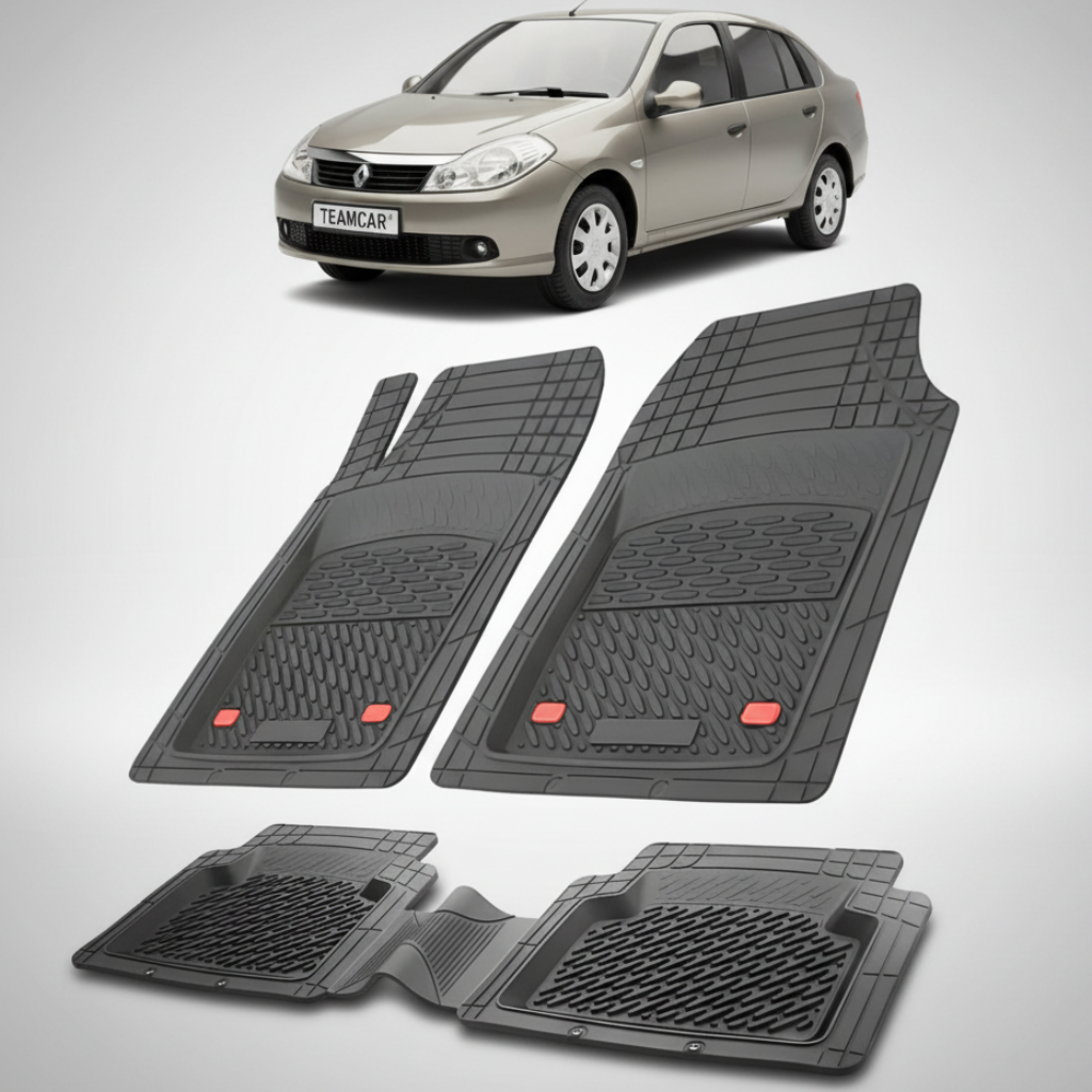 set de covorase din cauciuc negre cu o renault symbol ii sedan gri deschis in fundal