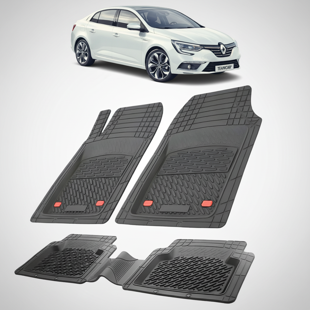 set de covorase din cauciuc negre cu un renault talisman sedan alb in fundal