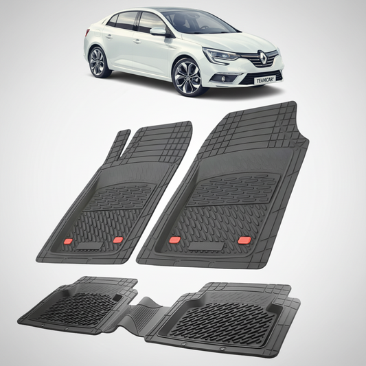 set de covorase din cauciuc negre cu un renault talisman sedan alb in fundal