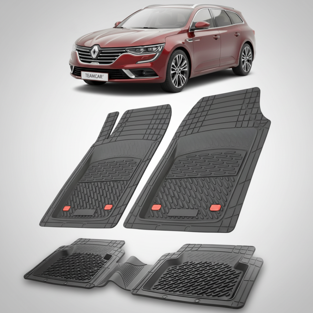 set de covorase din cauciuc negre cu un renault talisman estate rosu in fundal