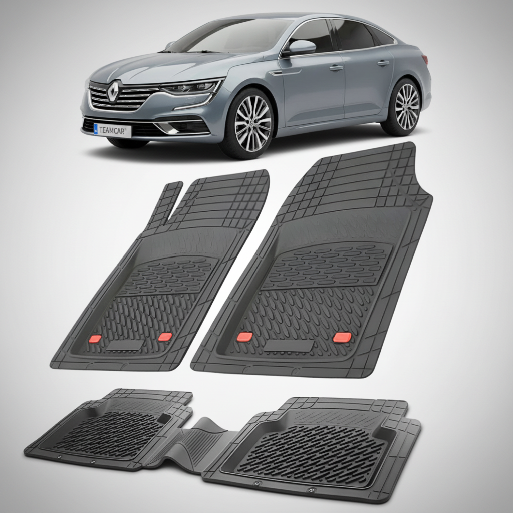 set de covorase din cauciuc negre cu un renault talisman sedan gri metalic in fundal
