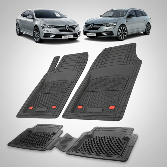 Set of car floor mats with two Renault cars displayed above them on a white background.