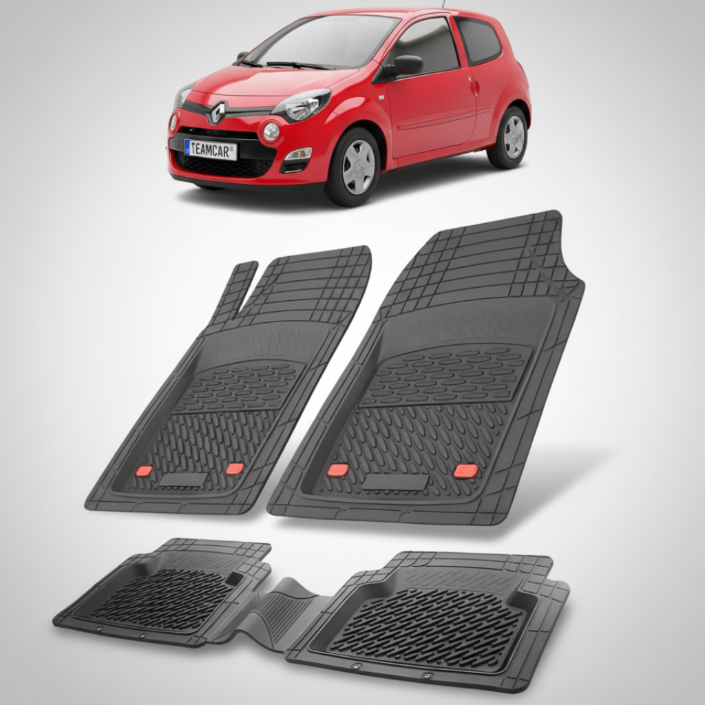 set de covorase din cauciuc negre cu o renault twingo ii 2 hatchback rosie in fundal