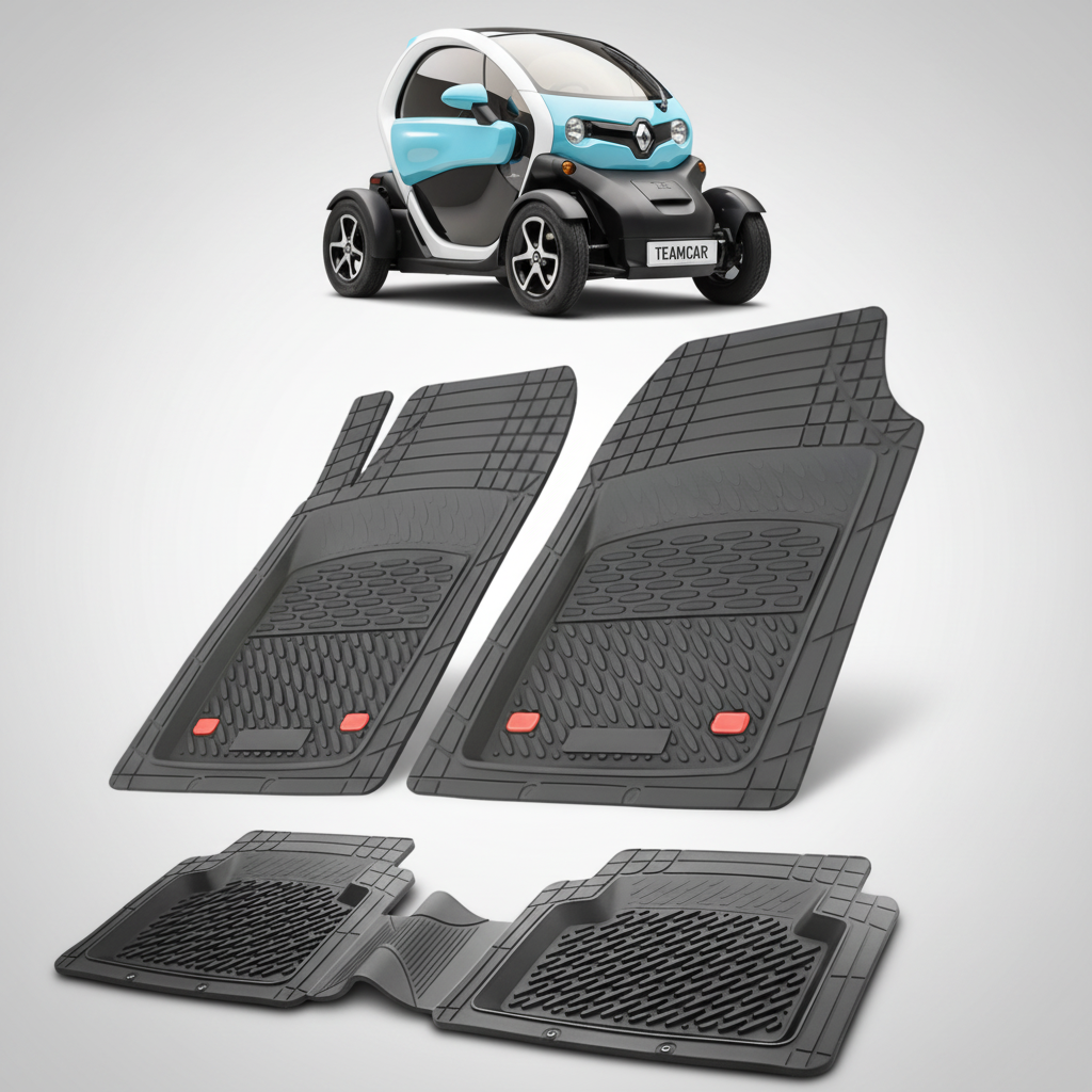 set de covorase din cauciuc negre cu un renault twizy quadriciclo albastru in fundal