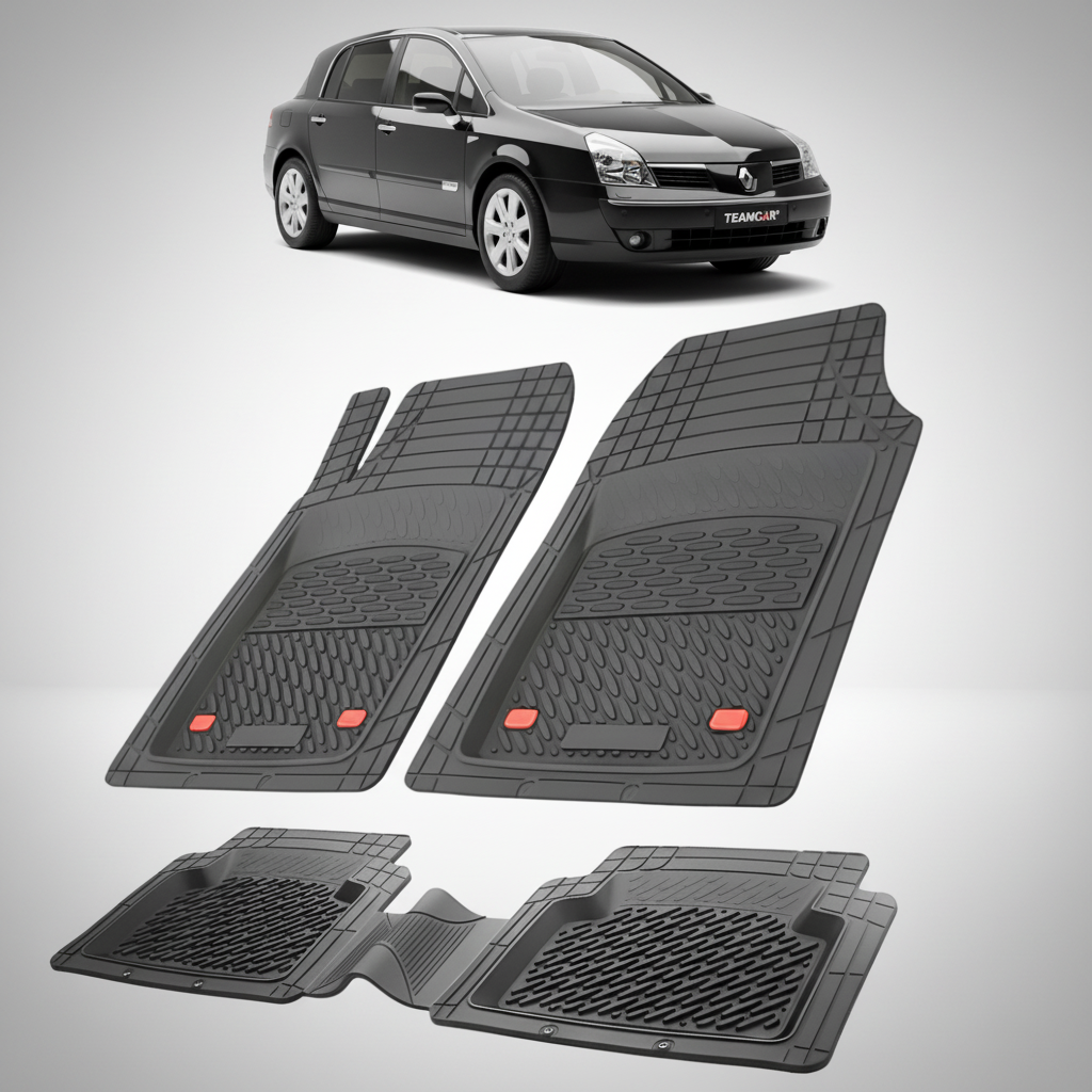 set de covorase din cauciuc negre cu un renault velsatis hatchback(luxury) negru in fundal