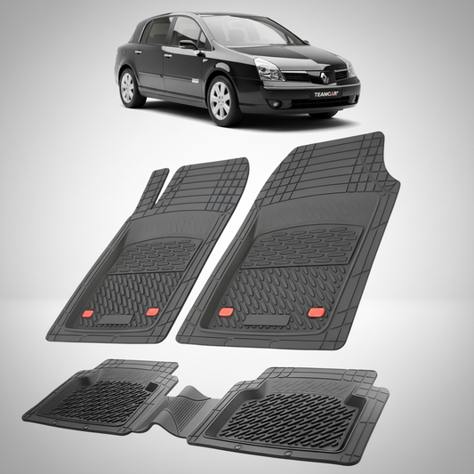 set de covorase din cauciuc negre cu un renault velsatis hatchback(luxury) negru in fundal