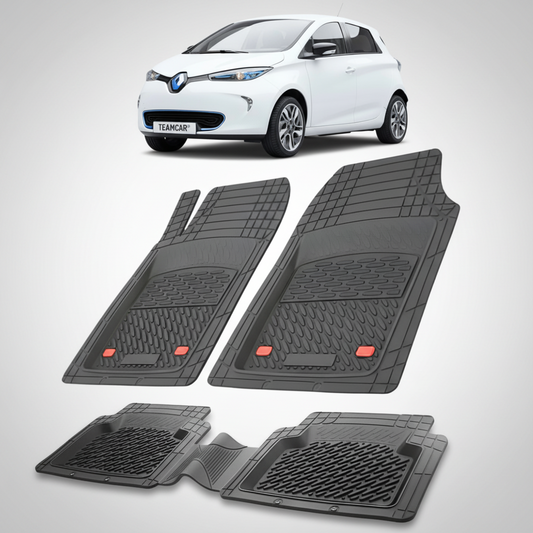 set de covorase din cauciuc negre cu o renault zoe hatchback electric alba in fundal