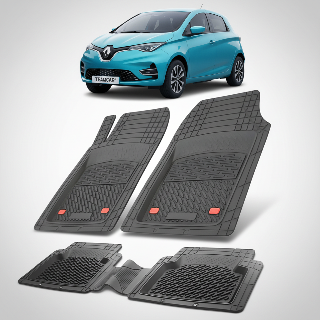 set de covorase din cauciuc negre cu o renault zoe hatchback electric albastra in fundal