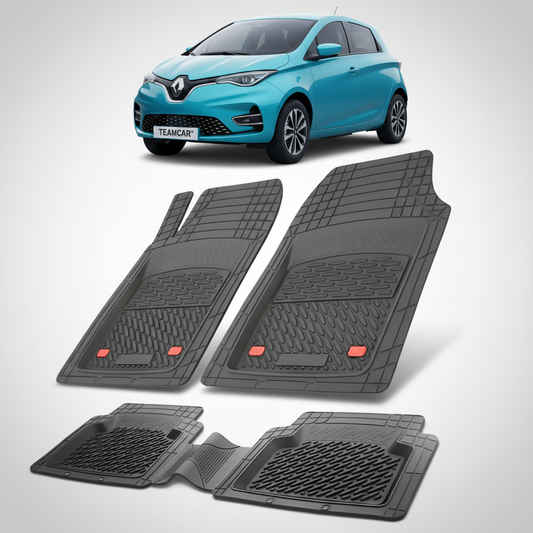 set de covorase din cauciuc negre cu o renault zoe hatchback electric albastra in fundal