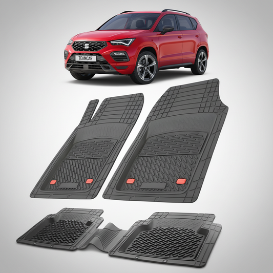 set de covorase din cauciuc negre cu un seat ateca suv facelift rosu in fundal