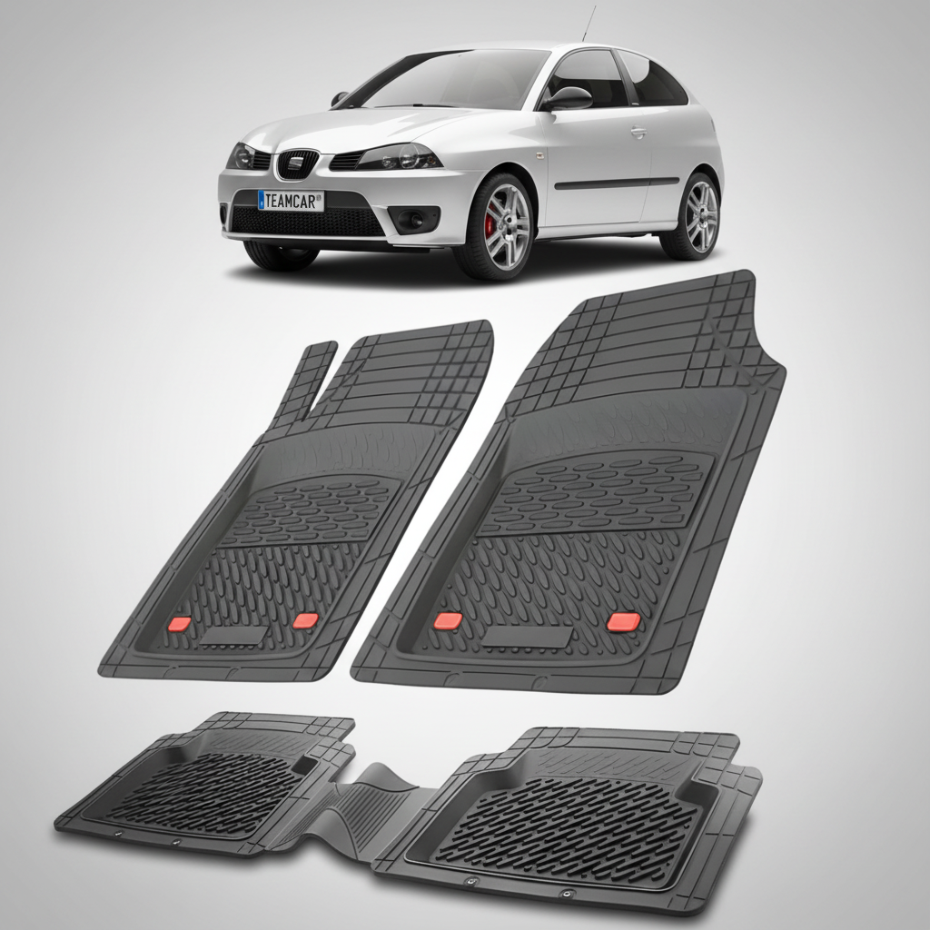 set de covorase din cauciuc negre cu un seat ibiza hatchback 3 usi facelift argintiu in fundal