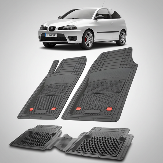 set de covorase din cauciuc negre cu un seat ibiza hatchback 3 usi facelift argintiu in fundal