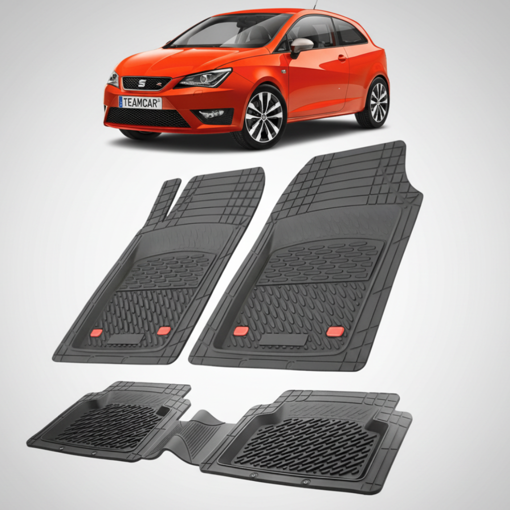set de covorase din cauciuc negre cu un seat ibiza hatchback 3 usi facelift rosu in fundal