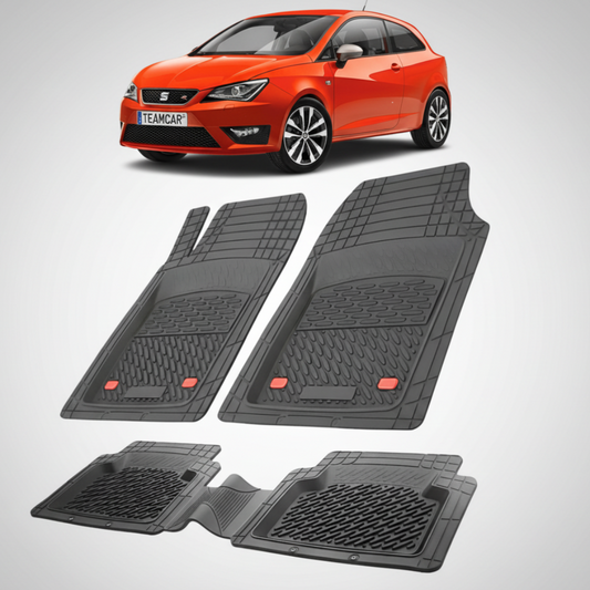set de covorase din cauciuc negre cu un seat ibiza hatchback 3 usi facelift rosu in fundal
