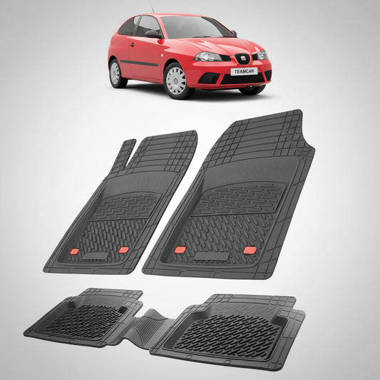 set de covorase din cauciuc negre cu un seat ibiza hatchback 3 usi rosu in fundal