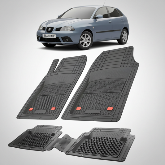 set de covorase din cauciuc negre cu un seat ibiza hatchback 5 usi facelift albastru-gri metalizat in fundal