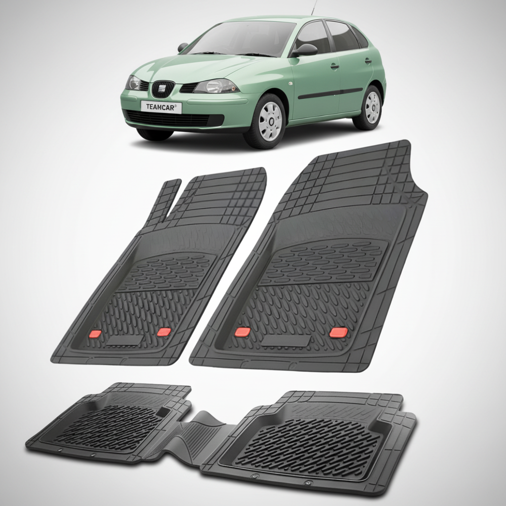 set de covorase din cauciuc negre cu un seat ibiza mk3 hatchback verde in fundal