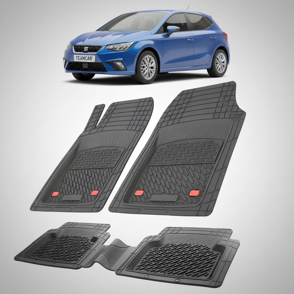 set de covorase din cauciuc negre cu un seat ibiza mk5 hatchback albastru in fundal