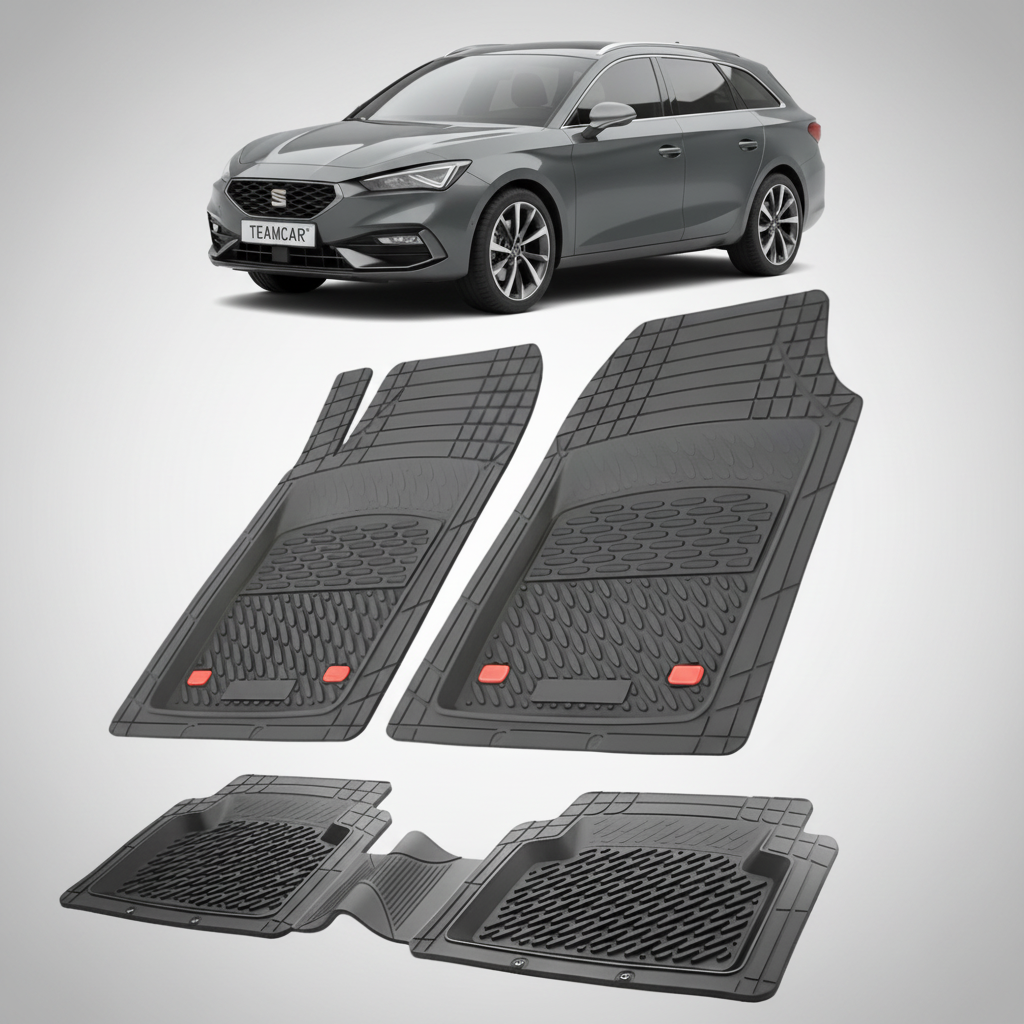 set de covorase din cauciuc negre cu un seat leon mk4 combi gri inchis in fundal