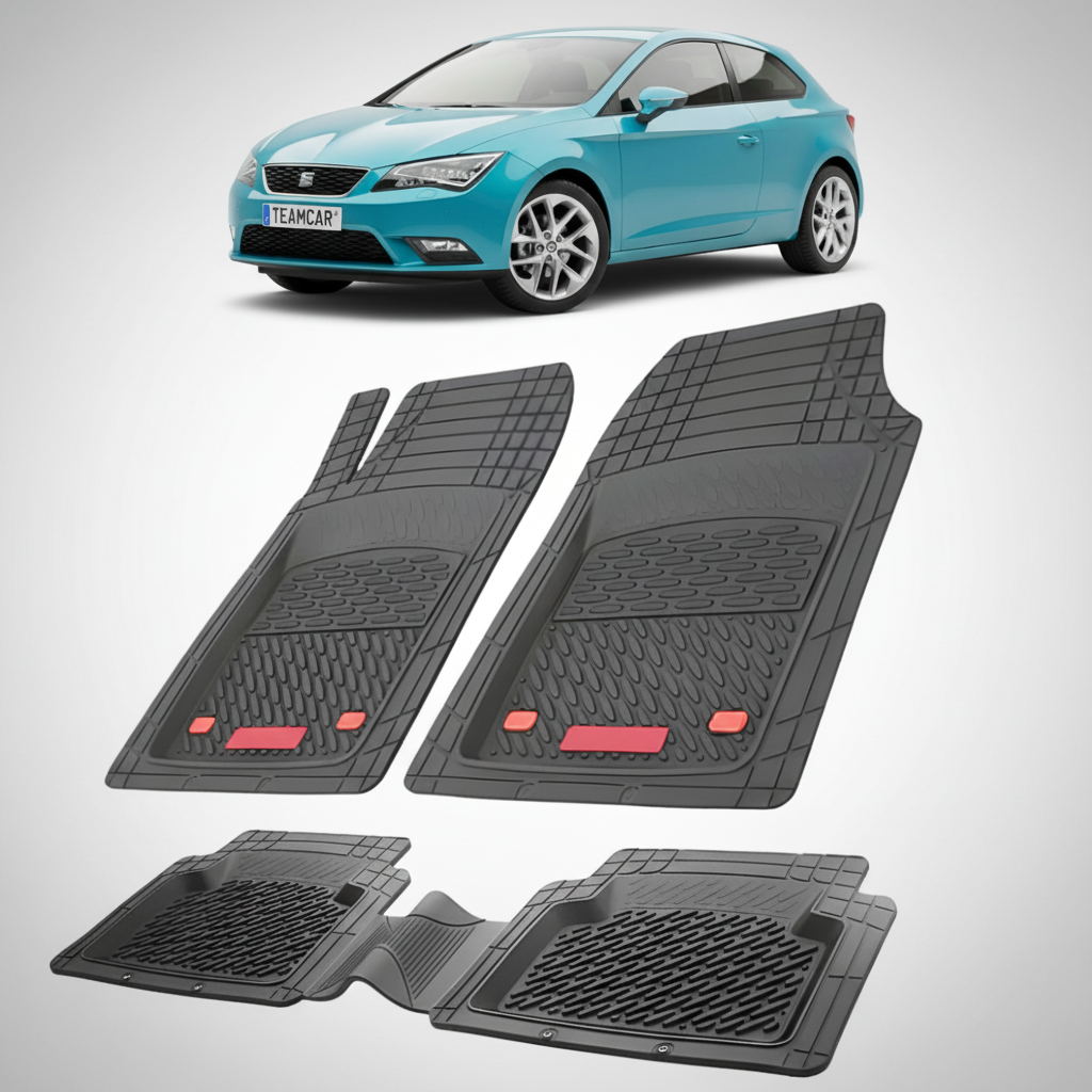 set de covorase din cauciuc negre cu un seat leon hatchback 3 usi facelift albastru in fundal