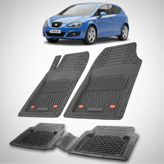 set de covorase din cauciuc negre cu un seat leon hatchback 5 usi facelift albastru in fundal