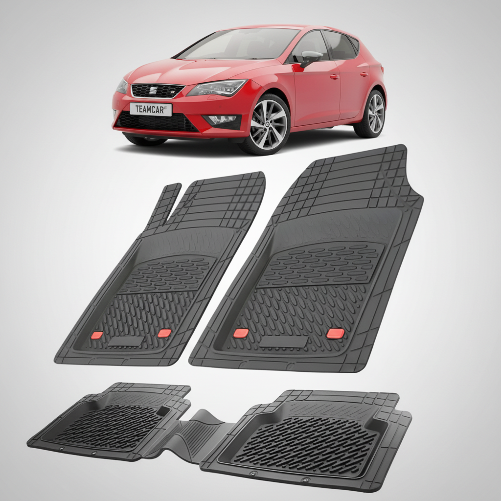 set de covorase din cauciuc negre cu un seat leon hatchback 5 usi rosu in fundal