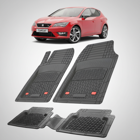 set de covorase din cauciuc negre cu un seat leon hatchback 5 usi rosu in fundal